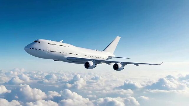 Majestic Boeing 747 Jumbo Jet Flying Over Fluffy White Clouds, Commercial Passenger Airplane Cruising in Blue Sky, Aviation Industry Concept Video, Large Aircraft Traveling Between Destinations.