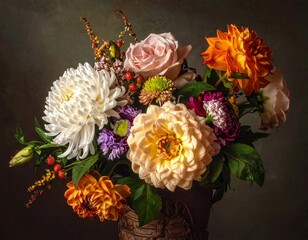 A vibrant floral arrangement featuring roses, dahlias, and chrysanthemums in a dark, atmospheric setting. A still life with various blooms