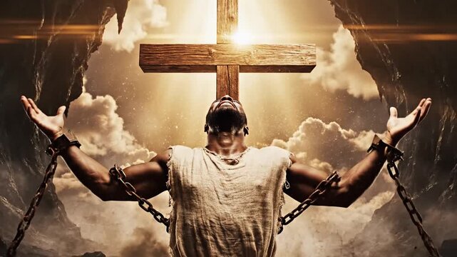Powerful spiritual salvation concept featuring a man breaking free from heavy iron metal chains of sin and darkness, emerging into a divine radiant bright hopeful future with glowing light.