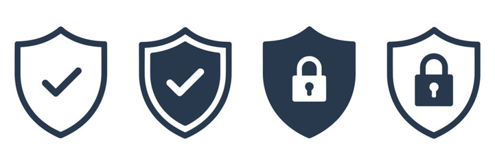 Security shield icon set, protective shield symbols with padlock and check mark, vector illustration. © ayat 02