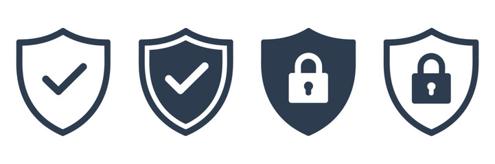 Security shield icon set, protective shield symbols with padlock and check mark, vector illustration. © ayat 02