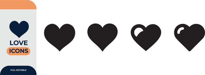 Love, heart, friendship, care and charity concept editable stroke outline icons set isolated on white background flat vector illustration.