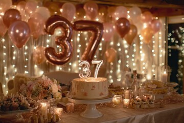 Obraz premium Elegant 37th Birthday Celebration with Cake and Decorations