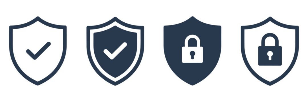 Security shield icon set, protective shield symbols with padlock and check mark, vector illustration.