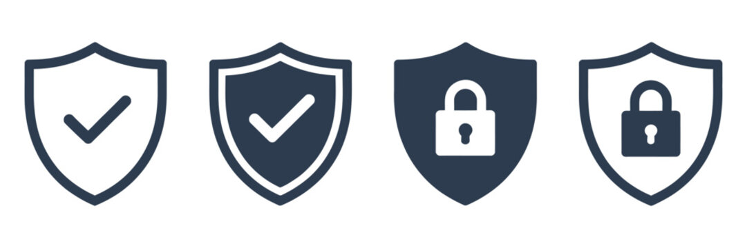 Security shield icon set, protective shield symbols with padlock and check mark, vector illustration.