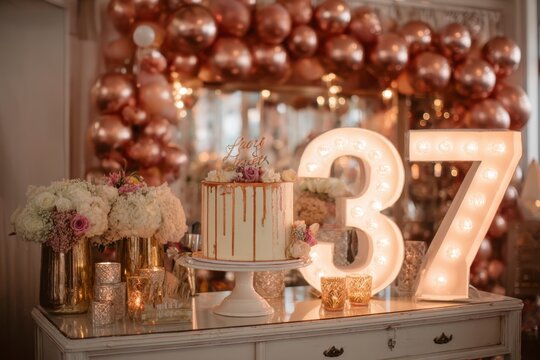 Elegant 37th Birthday Celebration with Cake and Decorations