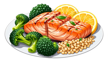 Grilled Salmon Steak with Broccoli Lemon and Grains Healthy Food Plate