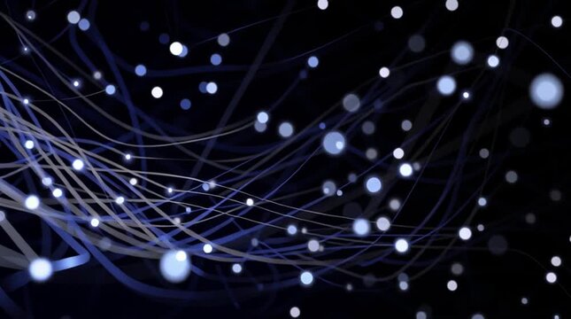 nodes. Abstract network of connected nodes and flowing lines in blue and silver on a dark background. STEM education sheets.