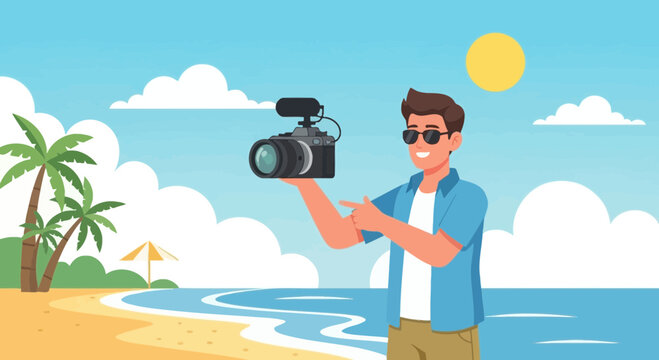 Content creator on vacation showcasing a camera on a tropical beach background happy in sunny