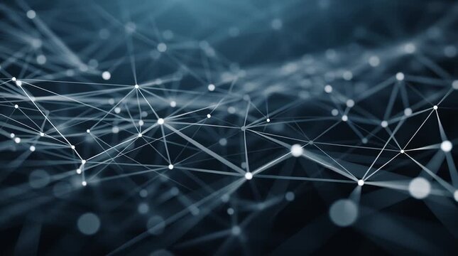 nodes. Abstract network of connected nodes and flowing lines in blue and silver on a dark background. STEM education sheets.