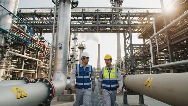 Professional industrial engineers in safety gear walking past complex metallic gas pipelines within a massive oil refinery production plant facility during active energy operations.