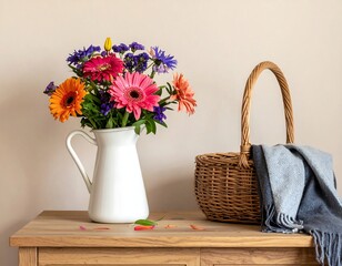 A vibrant floral arrangement graces a white pitcher, displayed on a wooden table beside a woven basket and a blue scarf