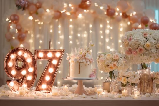 Elegant 97th Birthday Celebration with Cake and Floral Decorations