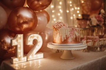 Obraz premium Elegant birthday celebration with cake and glowing number twelve