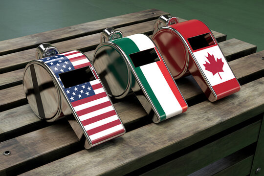 USA Mexico and Canada Flag Whistles on Wood Background &ndash; 2026 World Cup and USMCA Trade Concept