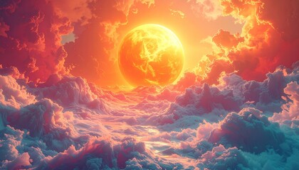 A celestial fiery orb shines amidst rolling clouds in a dreamscape