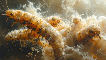 Close-up of several grubs swimming in a milky, abstract fluid