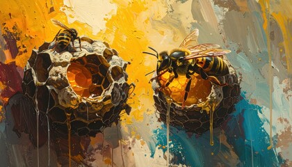 Honeybees on detailed honeycomb against a colorful, textured backdrop