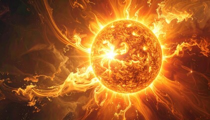 Fiery orb radiating light and heat amidst swirling celestial nebulas