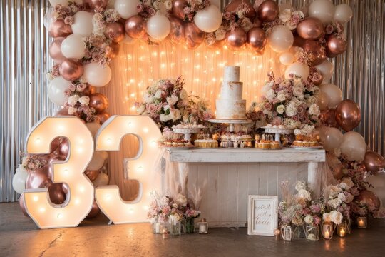 Elegant 33rd Birthday Celebration with Cake and Floral Decor