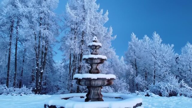 Snow-covered tiered fountain stands in a forest landscape under a clear blue sky during the winter season