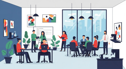 Diverse team collaborating in a modern office meeting room.