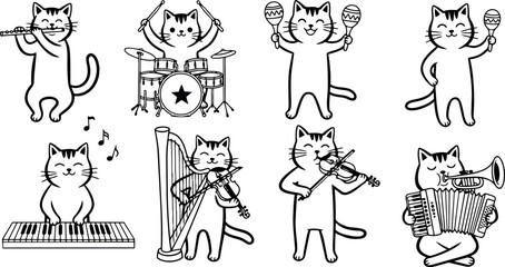 Cute cartoon cats playing flute drums maracas piano harp violin trumpet accordion in black and white line art style