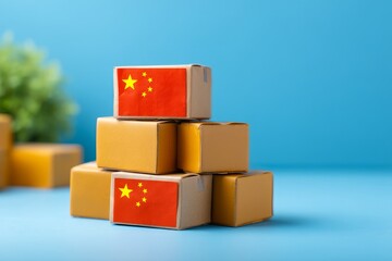 Obraz premium Stacked Boxes with Chinese Flags on Blue Background Representing Global Trade