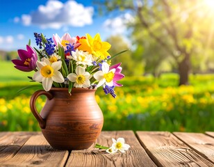 A vibrant floral arrangement in an earthenware pitcher sits on a wooden table, with a blurred, sunny field backdrop