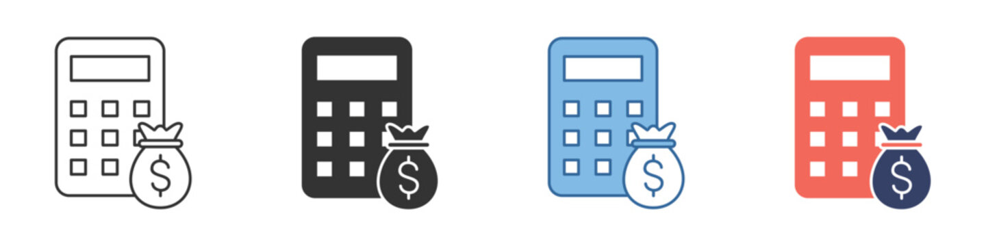 Financial planning and money management icon collection, featuring a calculator and money bag symbol for budgeting, savings, and expense tracking