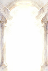 Naklejka premium Ancient temple archway background featuring angelic wings and a divine glowing halo creating a dreamy gateway to heaven