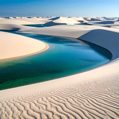 Turquoise pools meander amidst rippling white dunes under a bright blue sky, creating a surreal, otherworldly landscape