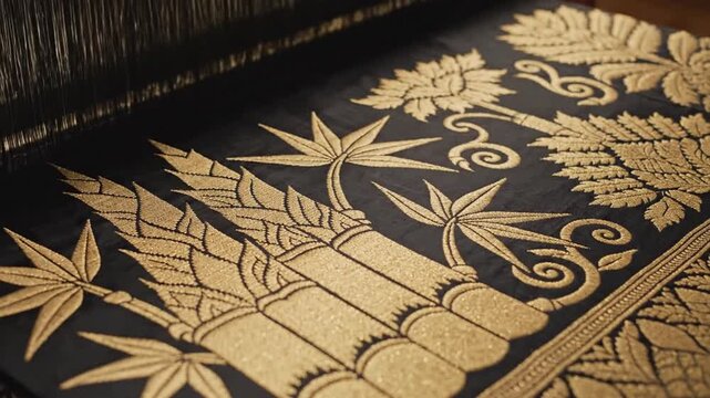 Traditional Malay Riau Batik Songket Tenun textile featuring intricate bamboo shoot Pucuk Rebung and Kaluk Paku fern motif, authentic Melayu cultural weaving design for ornamental decoration.