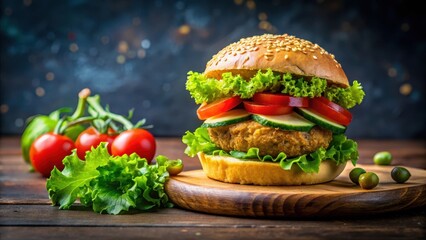 Appetizing Veggie Burger on Wooden Board with Fresh Tomatoes and Lettuce