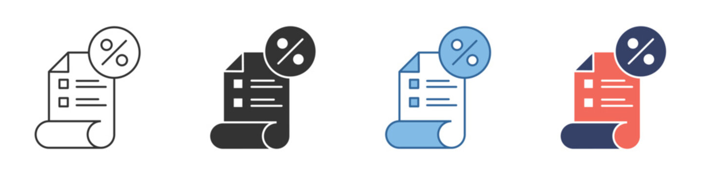 Financial document icon with a percentage symbol, representing discount, special offer, price reduction, or promotional sale for business and e-commerce applications
