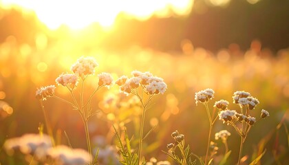 Obraz premium Field of delicate white wildflowers bathed in golden sunset light