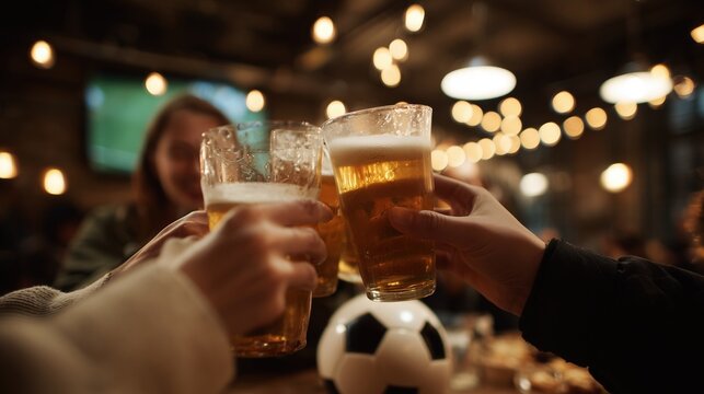 Friends cheer with beer glasses during world cup soccer football match at pub
