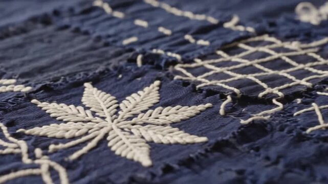 Traditional Japanese Sashiko Fabric Texture with Indigo Blue Dyed Textile Patches and Intricate White Cotton Thread Embroidery Pattern Background for Asian Cultural Artisanal Craft Wallpaper