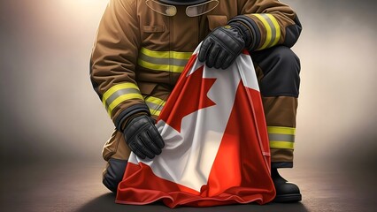 Obraz premium Firefighter Holding Canadian Flag Symbolizing Courage, Rescue, and National Pride
