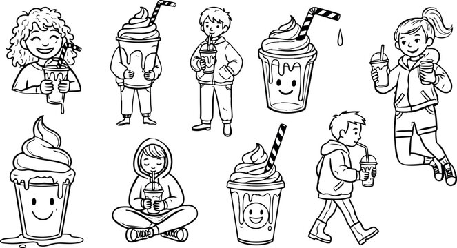 Whimsical line art illustration of smiling milkshake cups and kids sipping frappes in poses, close up, playful black and white scene