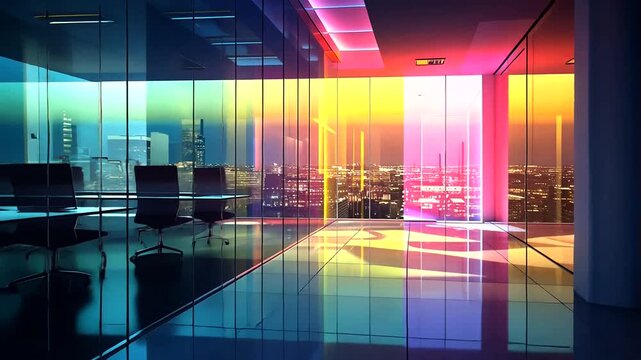 Vibrant Neon-Lit Conference Room with City View During Sunset Bright Reflection Patterns