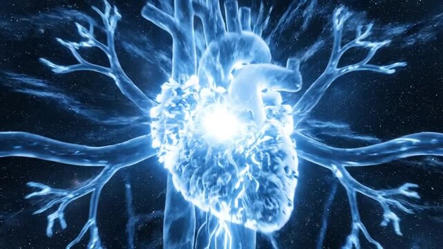 Glowing human heart with life force, and abstract biology.