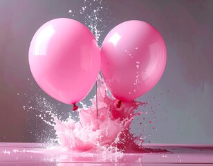 Two pink balloons are splashed with pink liquid against a pink and grey backdrop, creating a dynamic effect