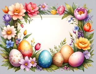 A vibrant, floral Easter arrangement frames an open rectangle, alongside decorative eggs on a pale gray backdrop