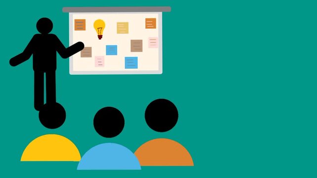 Animated workshop scene showing people discussing ideas with board and notes. Concept of teamwork, communication, and creative planning.