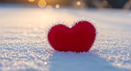 Fototapeta premium Red Heart Shaped Object in Snowy Landscape at Sunset with Frosty Edges