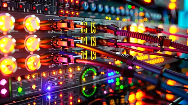 Vibrant Electronic Music Studio Setup with Neon Lights and Sound Equipment