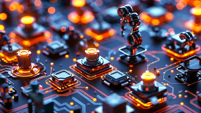 Close-up of futuristic electronic circuit board with glowing orange and blue elements showcasing