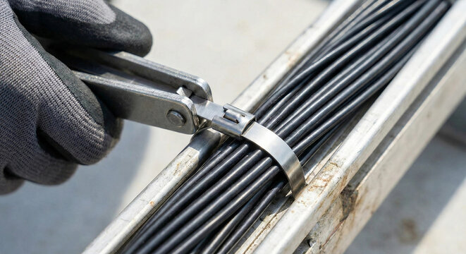 Electrician tightening stainless steel cable tie on wire bundle with tensioning tool