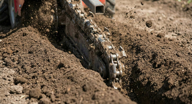 Heavy duty trenching machine digging narrow channel in soil for utility lines